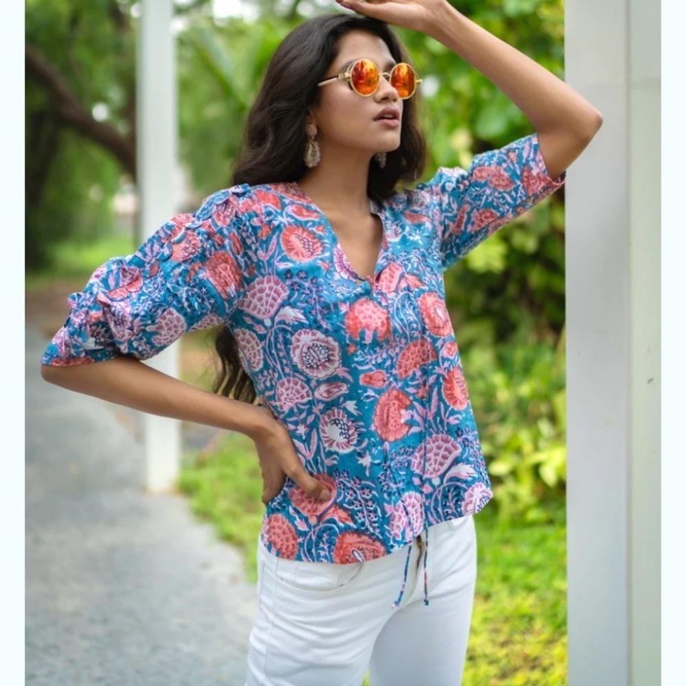 Sohana moda top blue pink floral blouse spring detailed embroidered sleeves XL